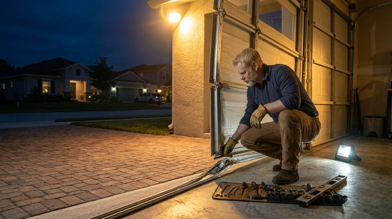 Garage door technician repairing a residential garage door in Arlington Texas