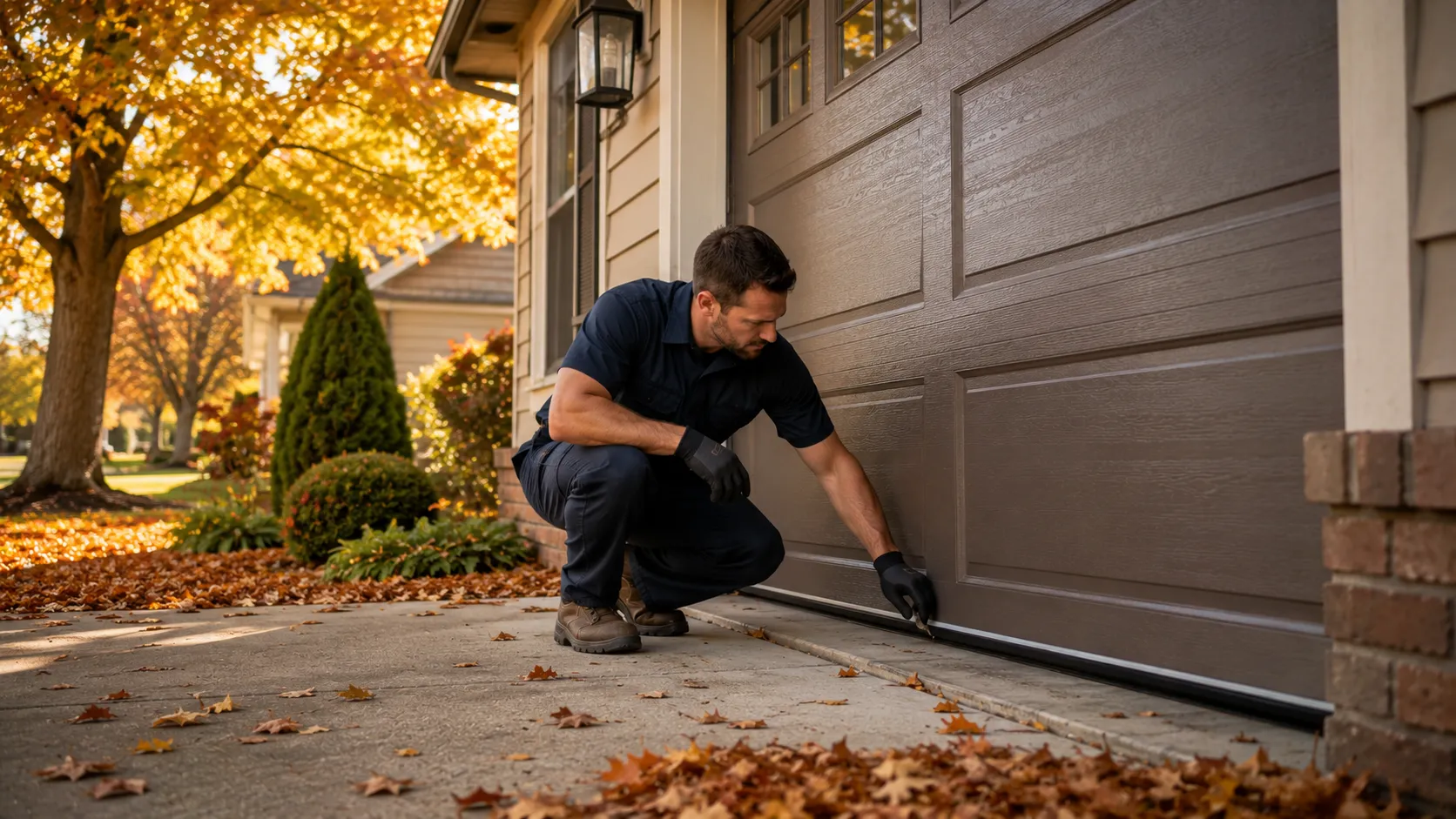 Technician inspecting garage door springs rollers tracks and opener